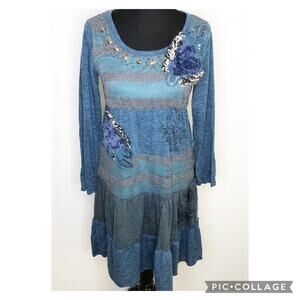 Pretty Angel teal blue gray floral applique beaded knit dress size Small